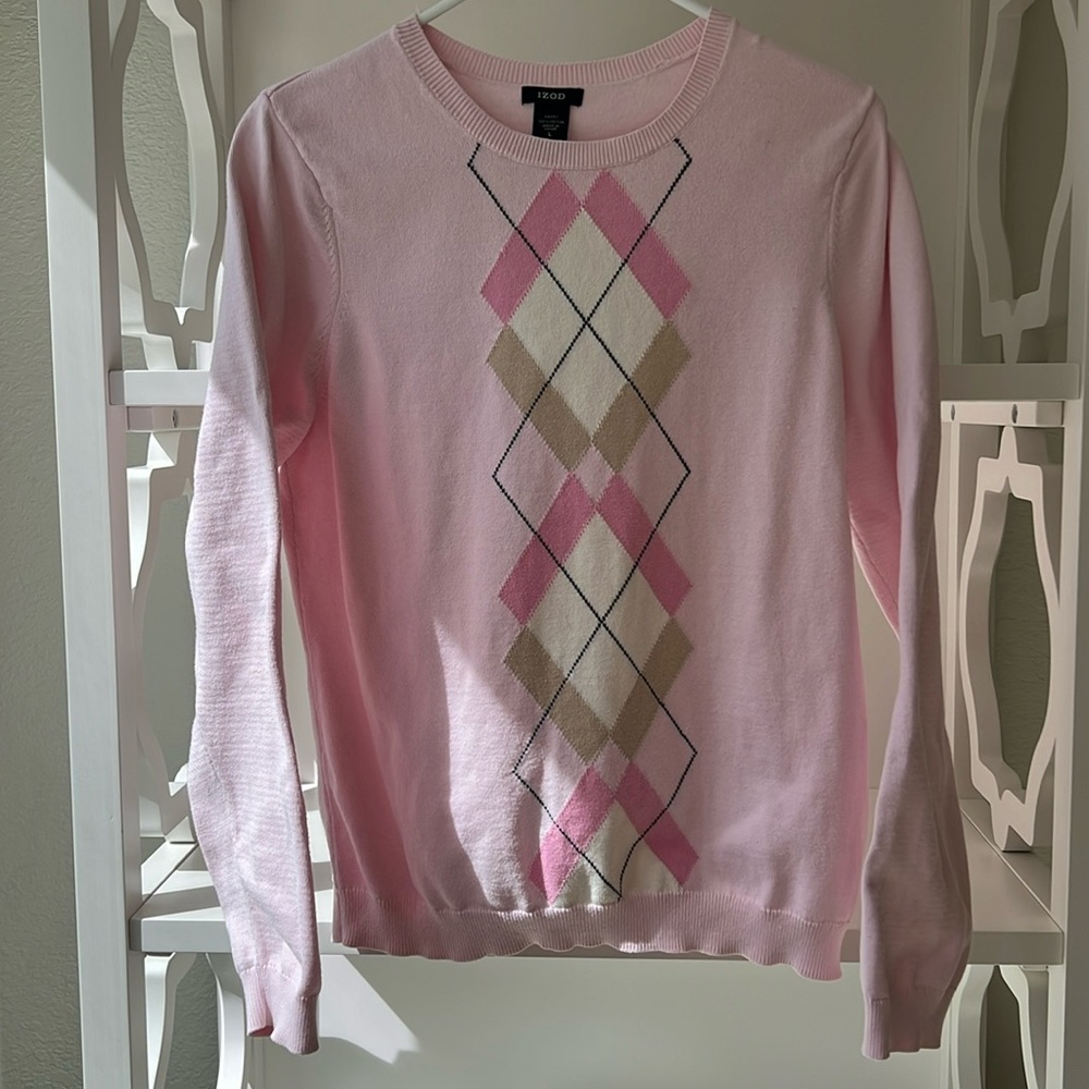 Vintage Izod Argyle Cotton Pullover Crewneck Preppy  Light Pink Sweater Size L